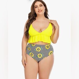 Wellwits Women's Plus Size Plunge V Neck Bralette Print Bikini Set